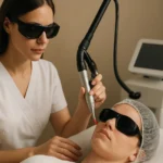 Žena podstupuje laserovú liečbu CO2 v estetickej klinike.