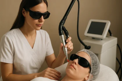 Žena podstupuje laserovú liečbu CO2 v estetickej klinike.