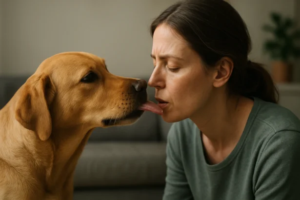 Žena a psíka si vymieňajú láskyplné bozky