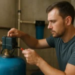 Muž nastavuje tlakový spínač domácej vodárne pre optimálne zásobovanie vodou.