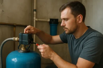 Muž nastavuje tlakový spínač domácej vodárne pre optimálne zásobovanie vodou.