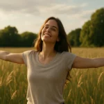 Žena šťastne oslavuje vo voľnej prírode so zdvihnutými rukami.