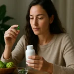 Žena užívajúca zelené Nöni kapsuly v pohodlnom prostredí doma.