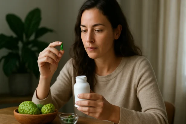 Žena užívajúca zelené Nöni kapsuly v pohodlnom prostredí doma.