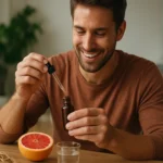 Muž pripravuje grapefruitové kvapky s ženšenom pre zvýšenie energie.