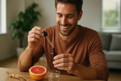Muž pripravuje grapefruitové kvapky s ženšenom pre zvýšenie energie.
