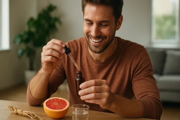 Muž pripravuje grapefruitové kvapky s ženšenom pre zvýšenie energie.