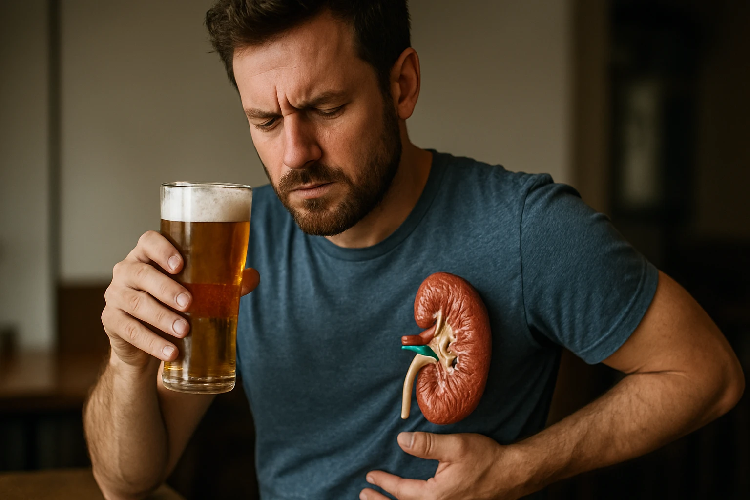 Muž s pohárom piva a modelom obličky vo vlastnej koži