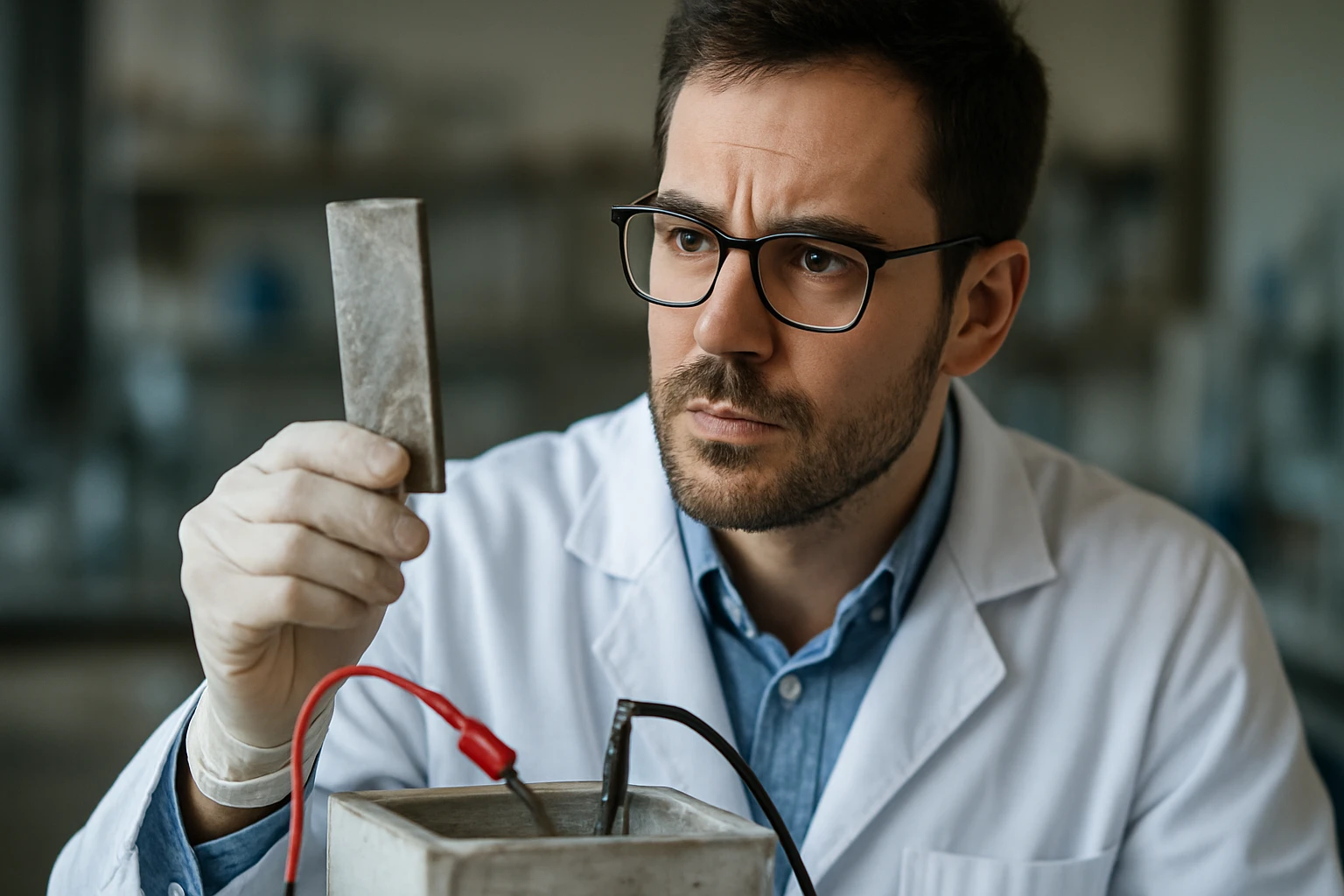 Vedec skúma anódu v laboratóriu na elektrochémiu
