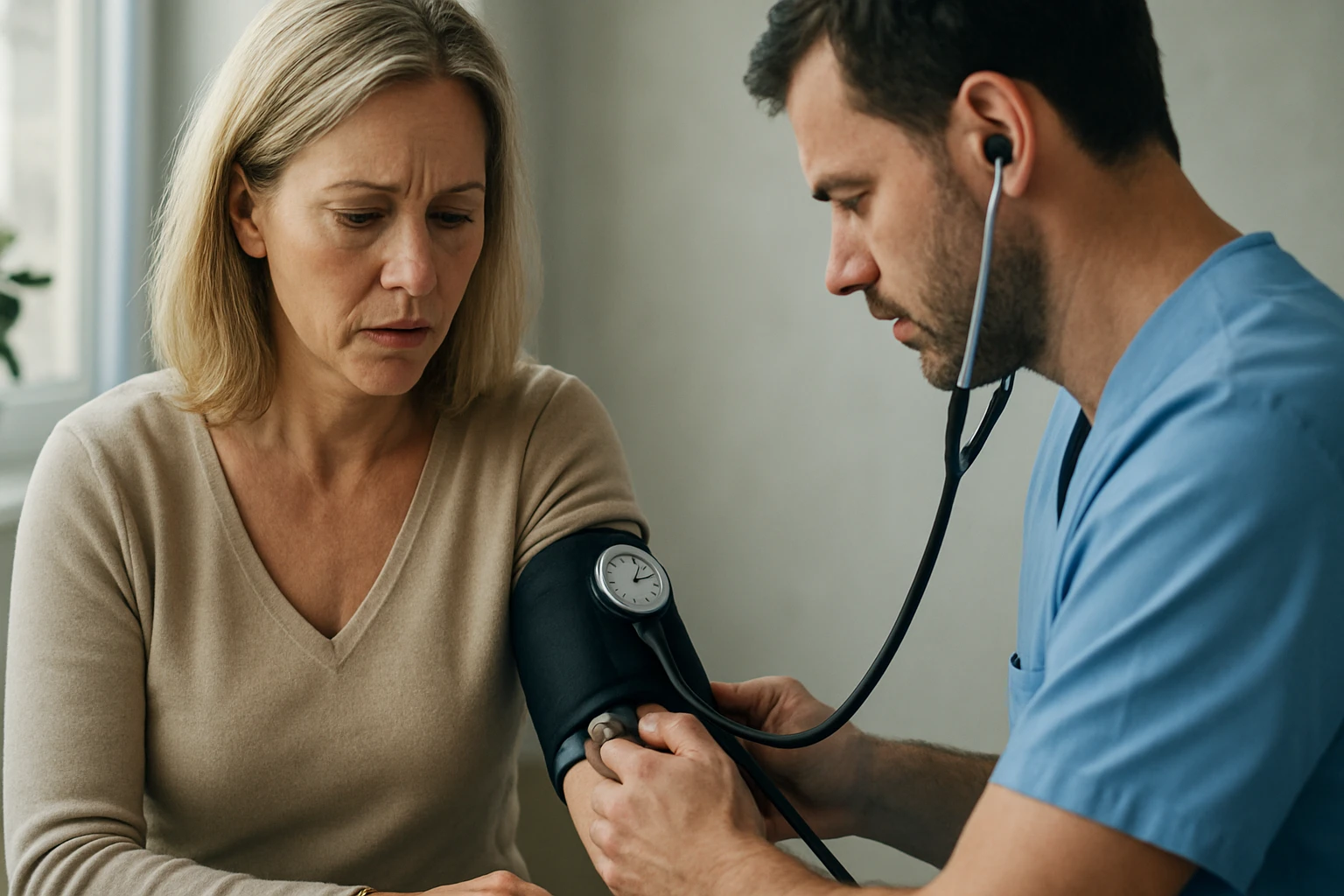 Lekár meria krvný tlak pacientky, zaznamenáva baroreflex.