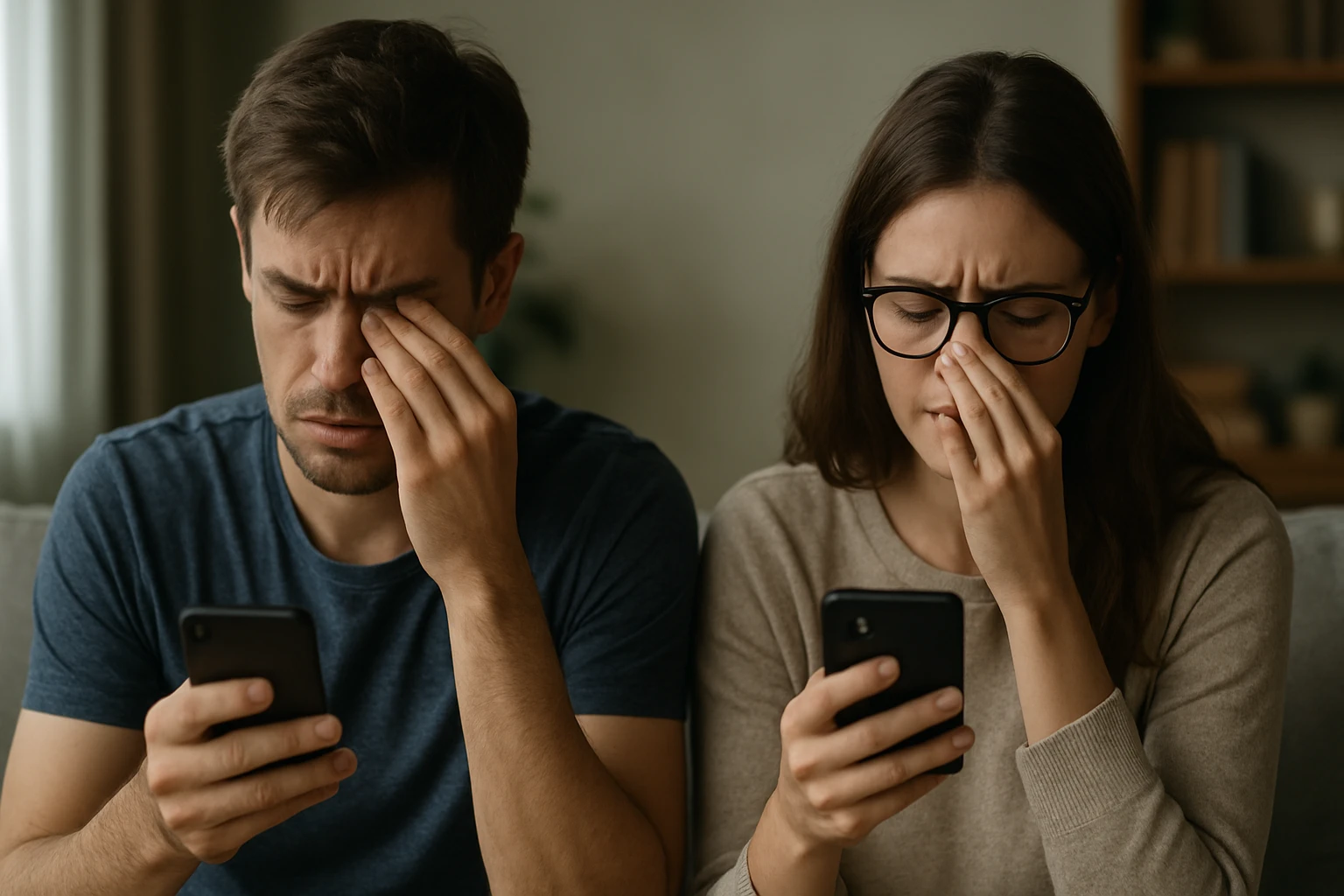 Muž a žena trpiaci digitálnou únavou očí pri používání mobilných telefónov.