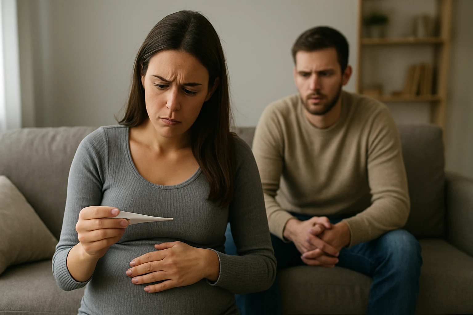 Tehotná žena skúma pozitívny tehotenský test v obave.