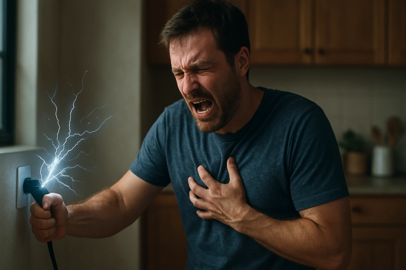 Muž zažíva elektrický šok z elektrickej zásuvky.