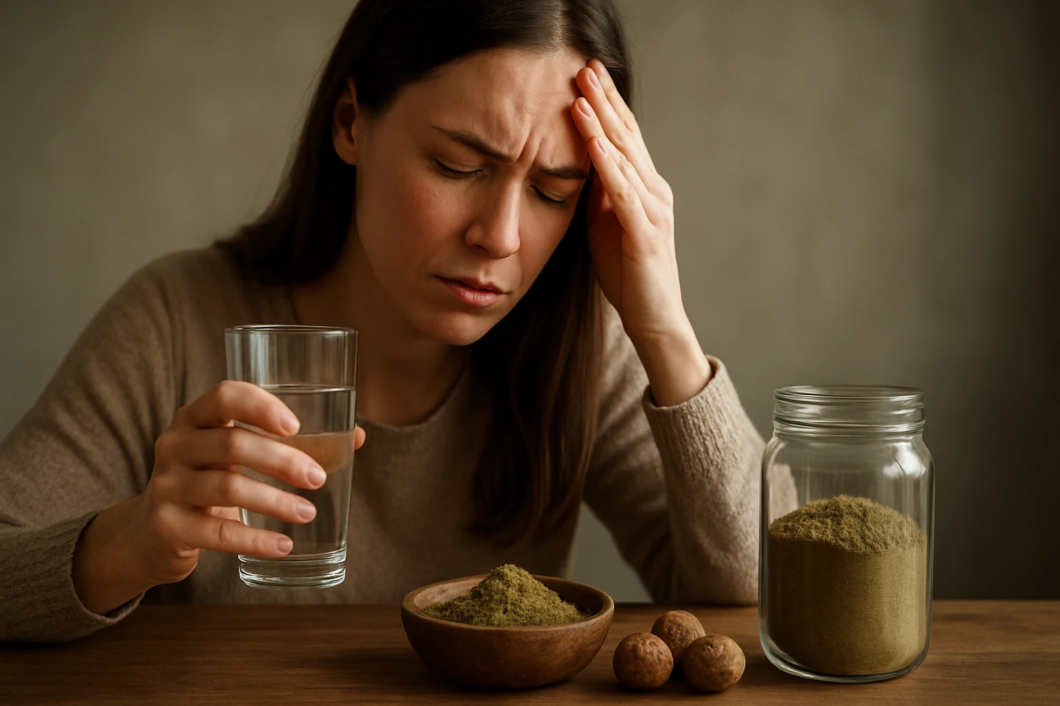 Žena s bolesťou hlavy drží pohár vody a prášok triphala.