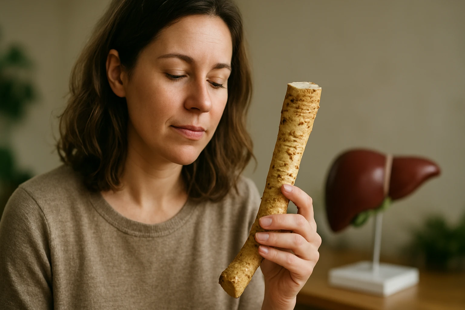 Žena drží chren a zamýšľa nad jeho prínosmi pre zdravie pečene.