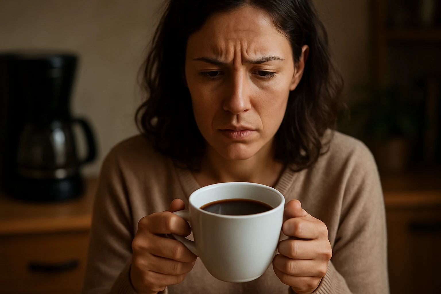 Žena zamyslená nad šálkou kávy, znepokojená dopadmi kofeínu.