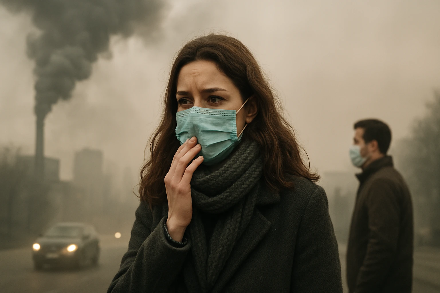 Žena v maske na pozadí znečisteného ovzdušia a priemyselných výparov.