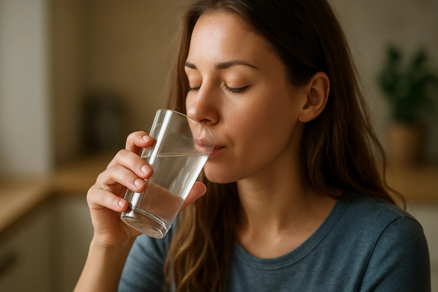 Žena pijúca teplú vodu z pohára v kuchyni