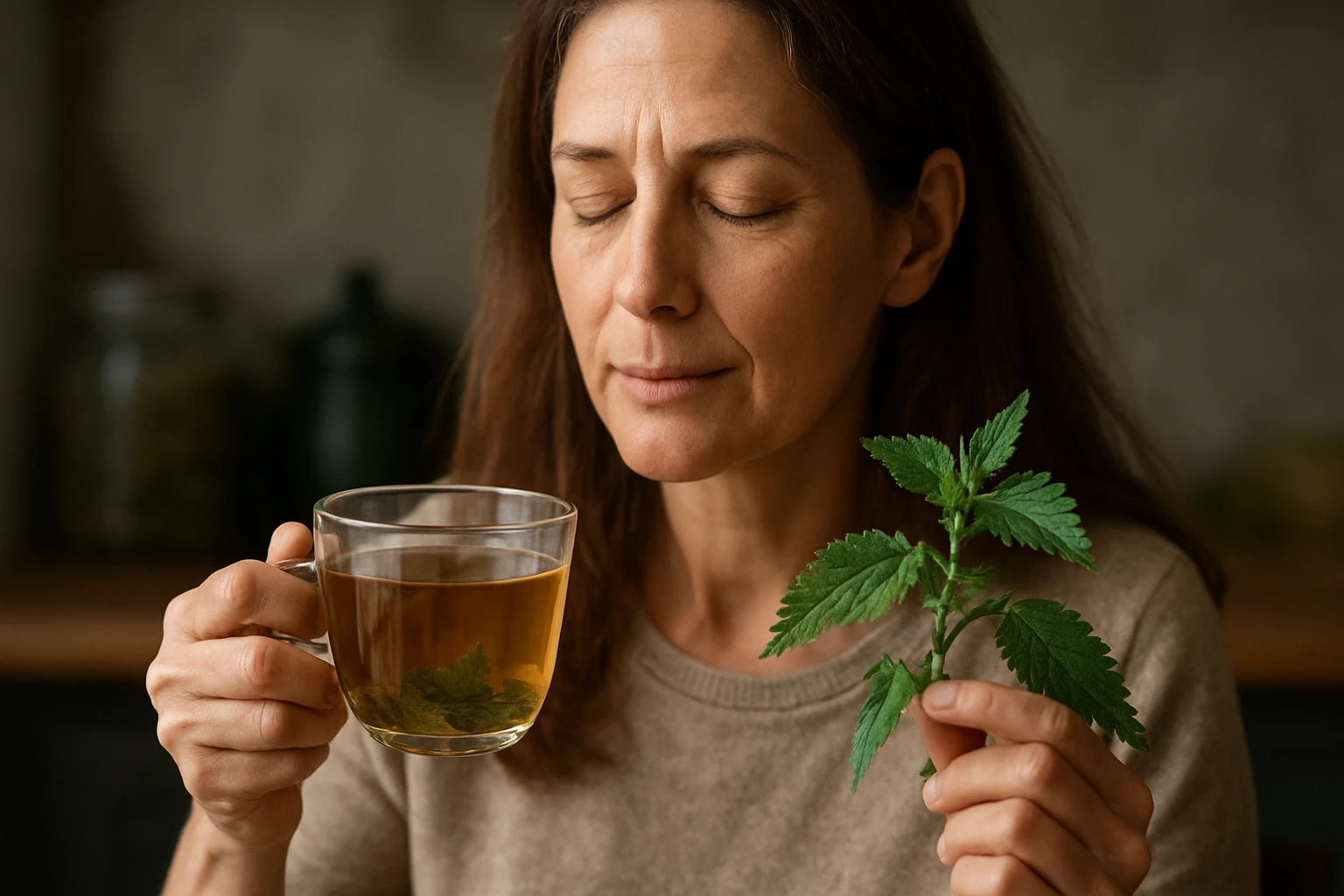 Žena drží hrnček čaju z pŕhlivého srdečníka a čerstvé bylinky