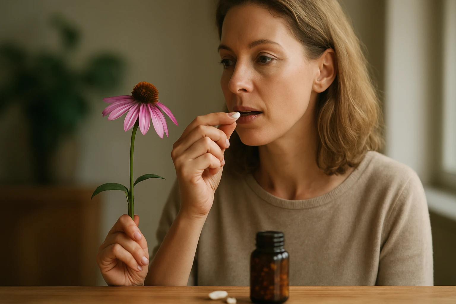 Žena s echinaceou a tabletou, posilňujúca imunitu.