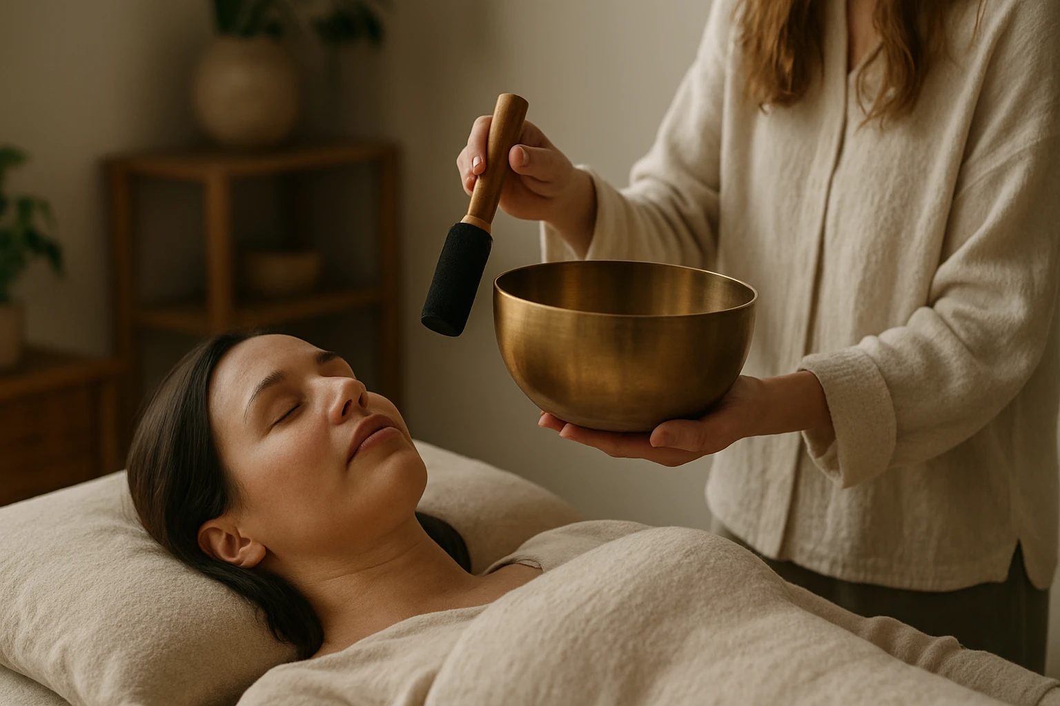 Žena podstupuje zvukovú terapiu s tibetskou misou.