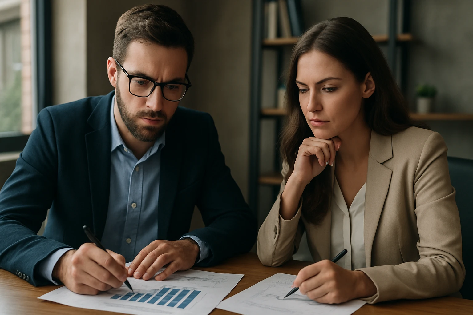 Dva profesionáli analyzujú grafy a ekonomické údaje.