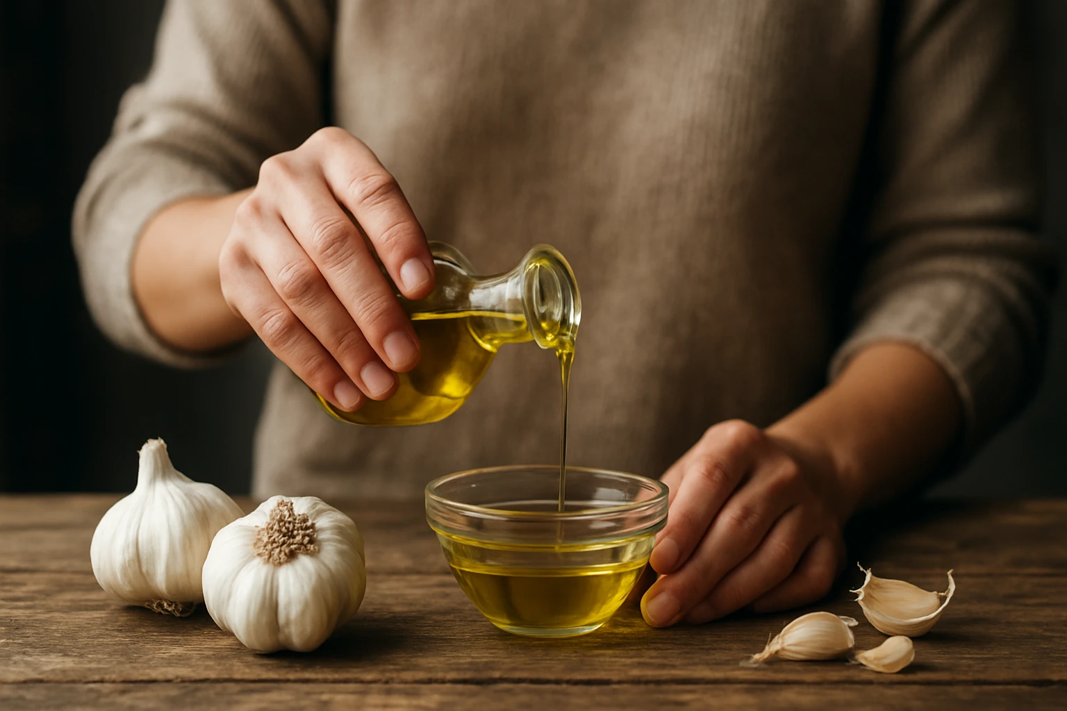 Ruky nalievajúce cesnakový olej do misky vedľa cesnaku