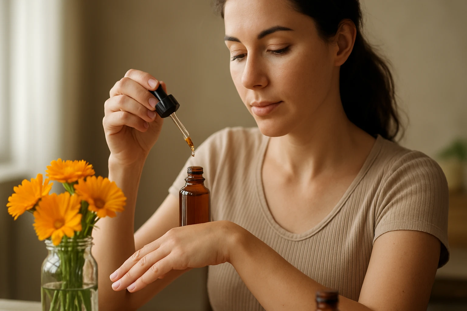 Žena používa nechtíkovú tinktúru na zlepšenie zdravia pokožky.