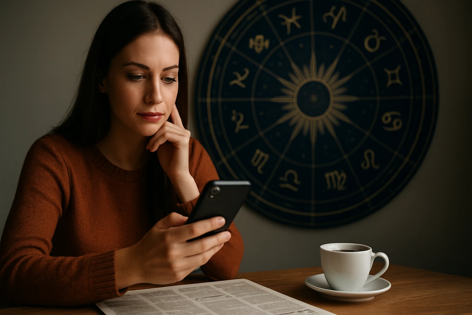 Žena sledujúca svoj horoskop na mobilnom telefóne s kávou