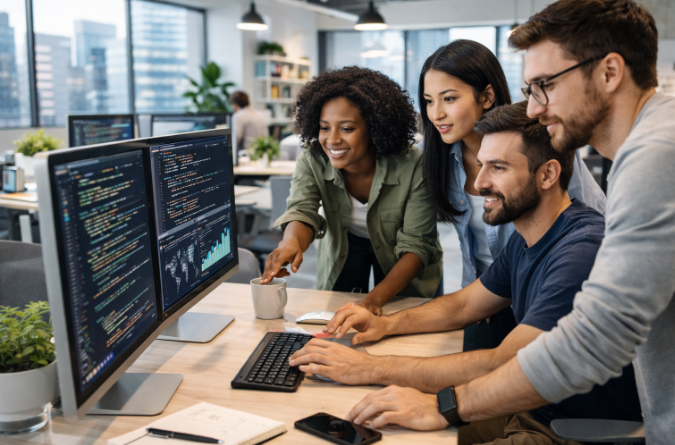 Tím profesionálnych fotografov používajúcich digitálne nástroje na úpravu snímok