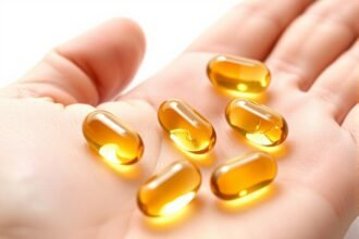 Žlté kapsule vitamínu D v dlani