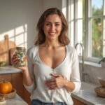 Žena s pohárom multivitamínov v kuchyni plnej čerstvého ovocia a zeleniny.