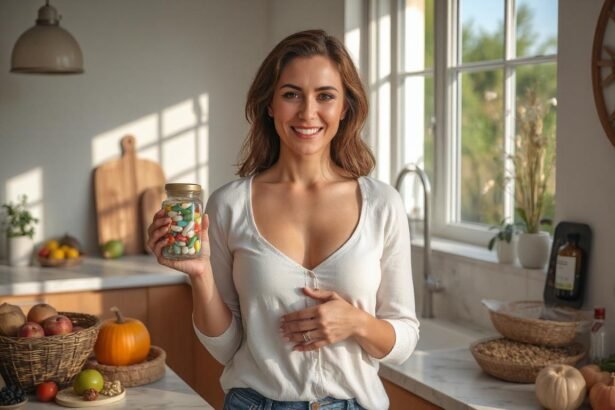 Žena s pohárom multivitamínov v kuchyni plnej čerstvého ovocia a zeleniny.