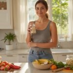 Mladá žena s zdravou stravou v kuchyni, pripravuje sa na jarú