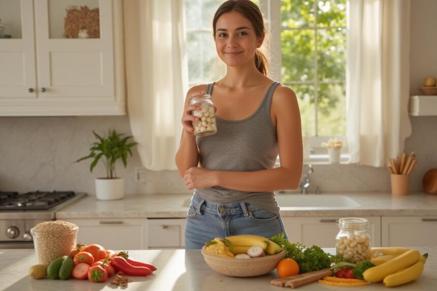 Mladá žena s zdravou stravou v kuchyni, pripravuje sa na jarú