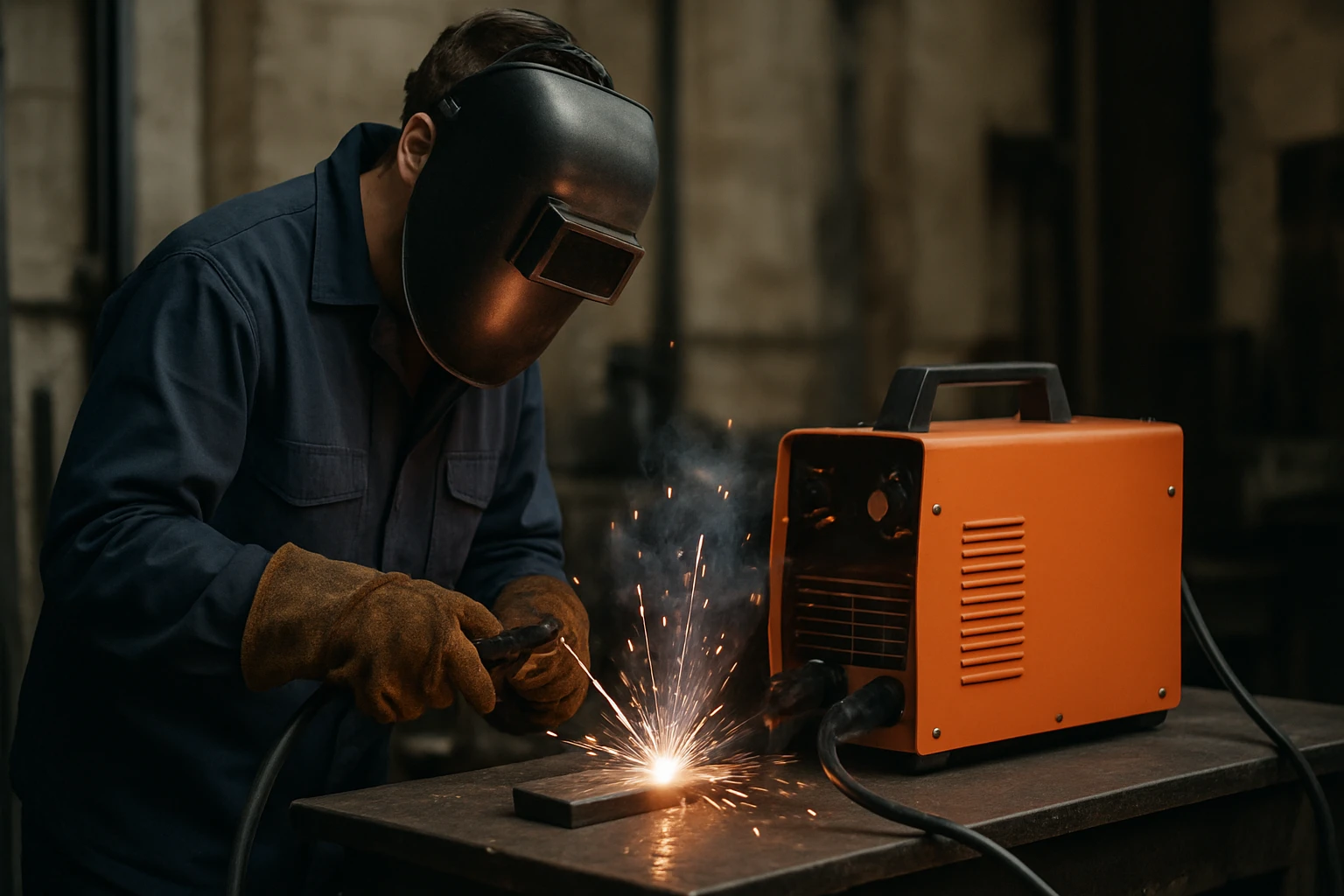 Pracujúci zvárač so zváracím transformátorom a iskrením