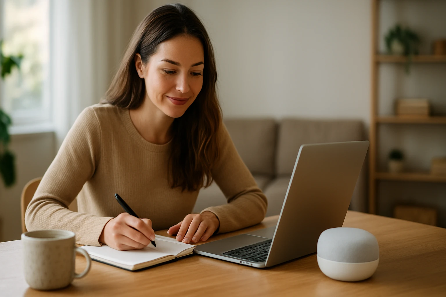 Žena pracuje na notebooku s Google Home na stole