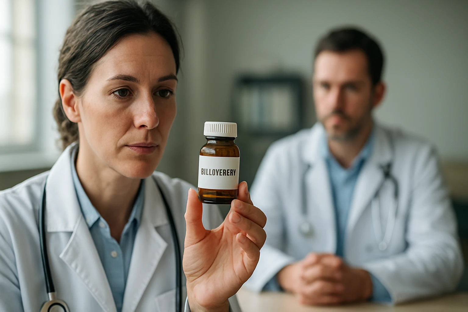 Lekárka skúma fľaštičku s haloperidolom v nemocnici.