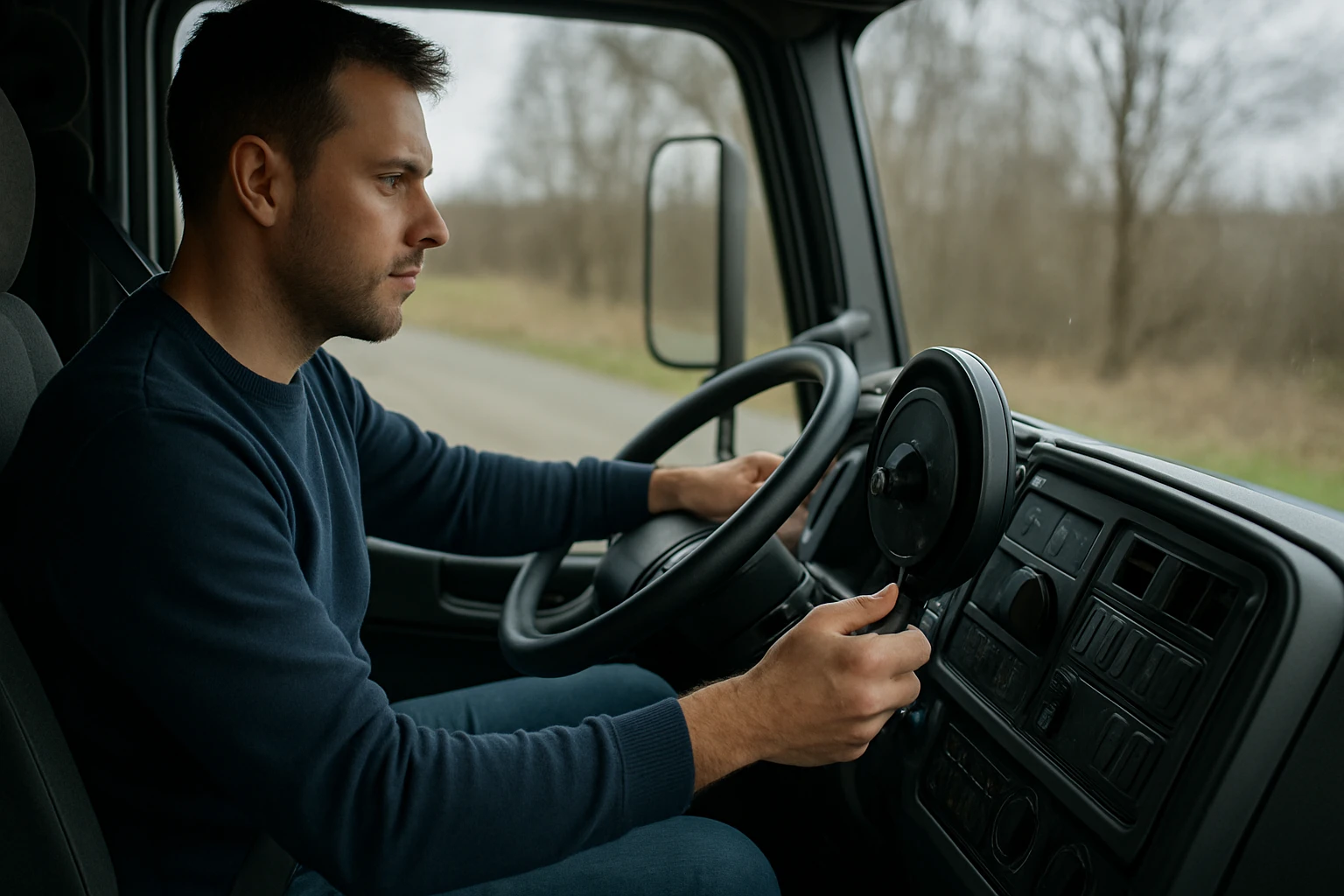 Muž riadi nákladné vozidlo na ceste.