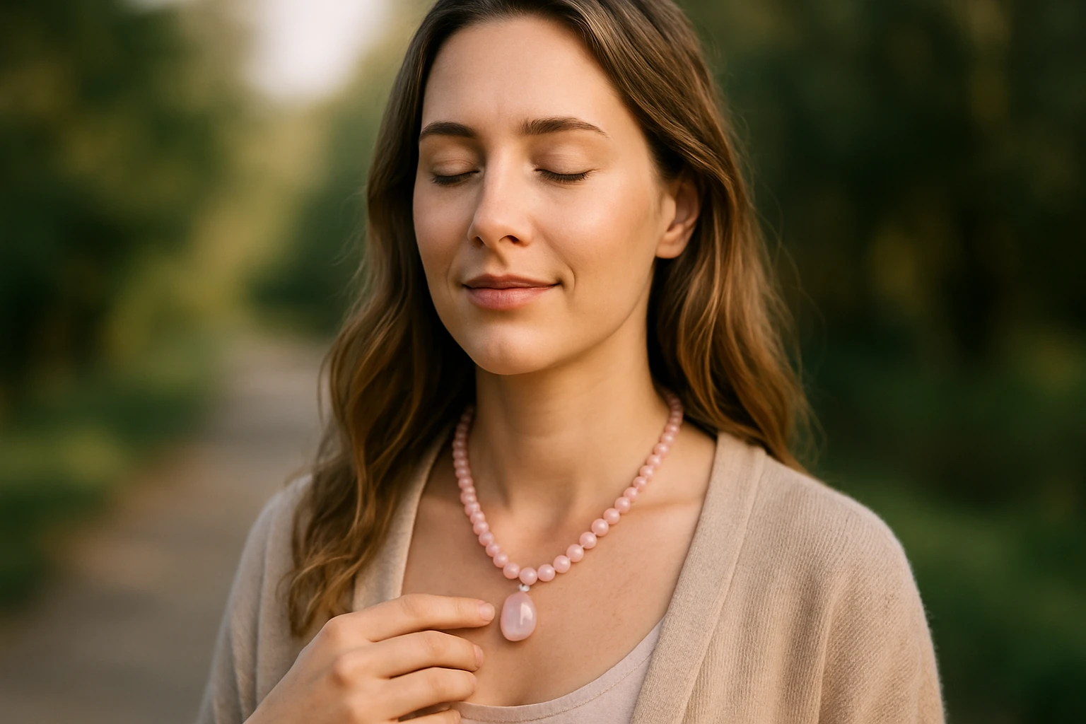 Mladá žena s ruženínovým náhrdelníkom, zamyslená a spokojná.