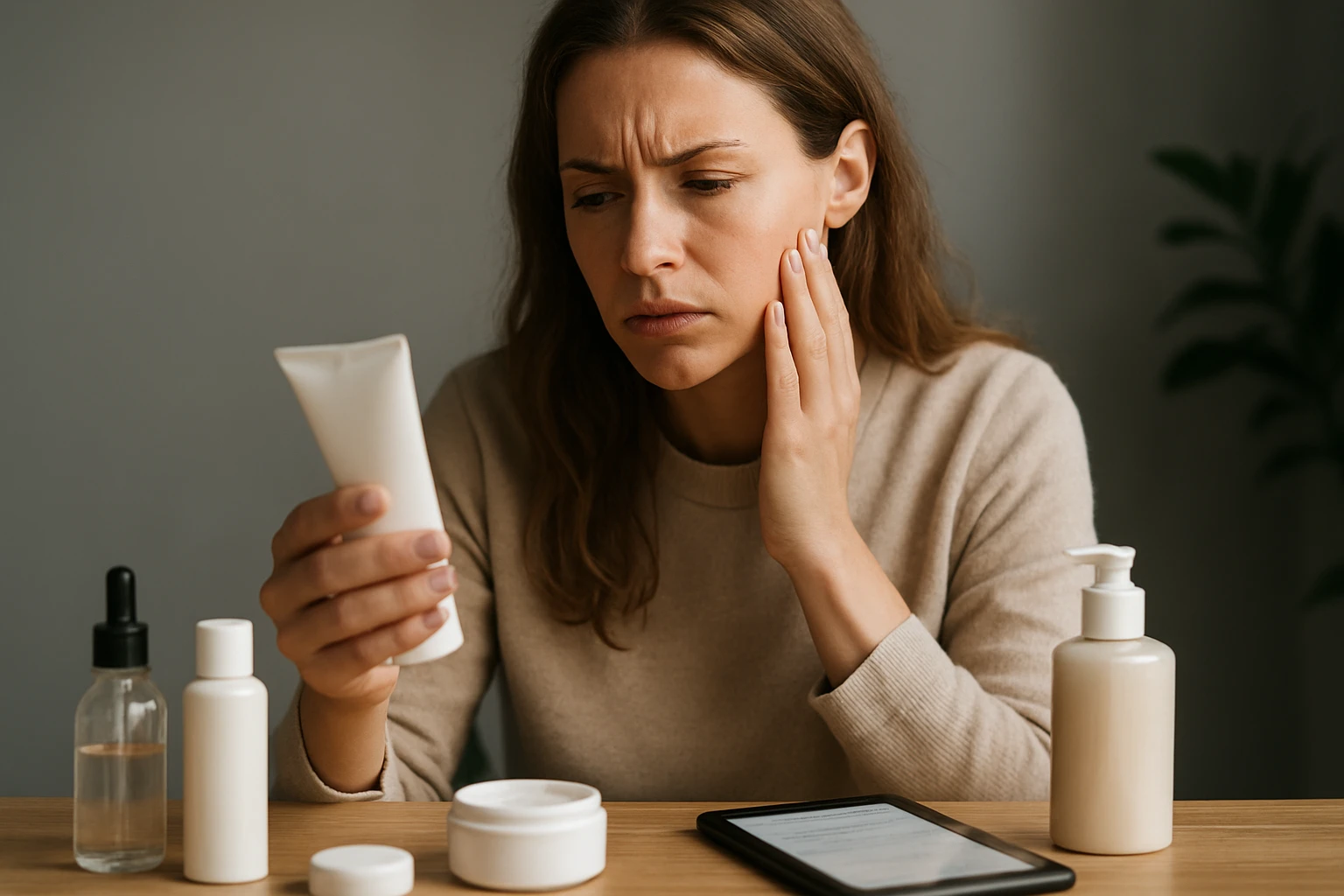 Žena skúma zloženie kozmetiky, dôraz na parabény a ich vplyv na pokožku.