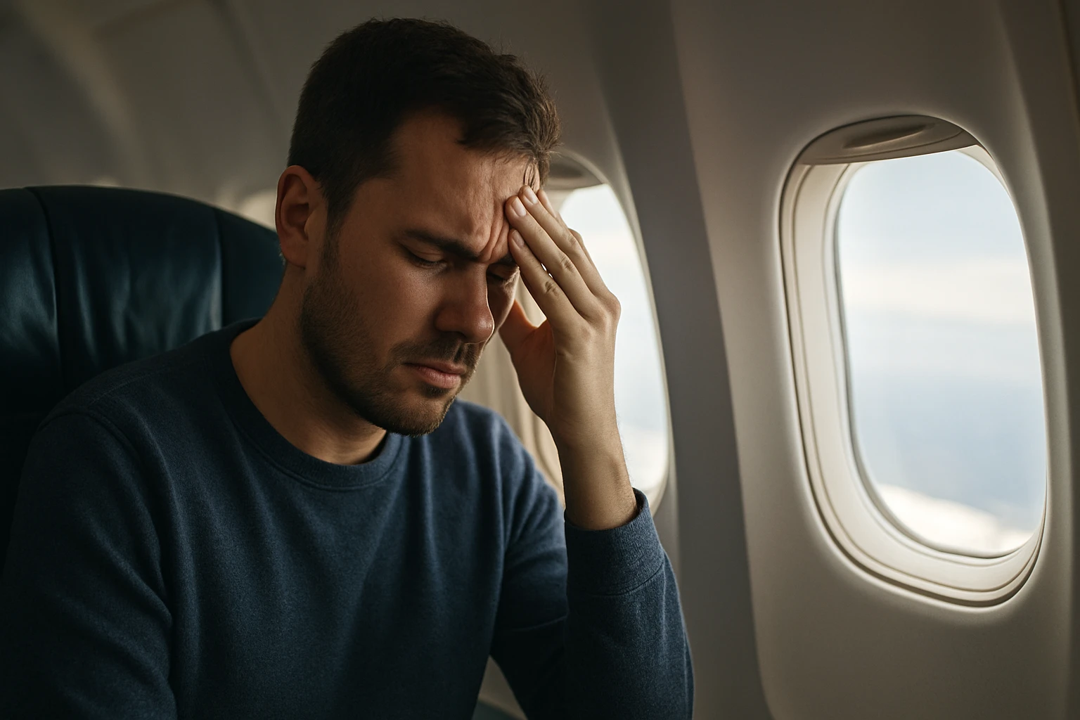 Muž trpiaci bolesťou hlavy počas letu v lietadle.