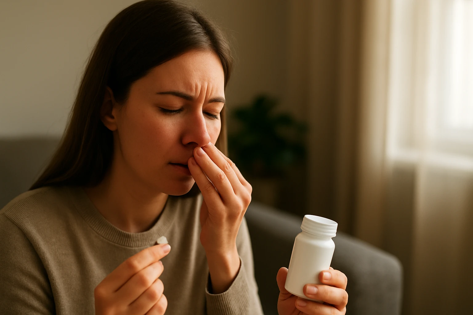 Žena trpiaca alergickými príznakmi berie liek loratadín