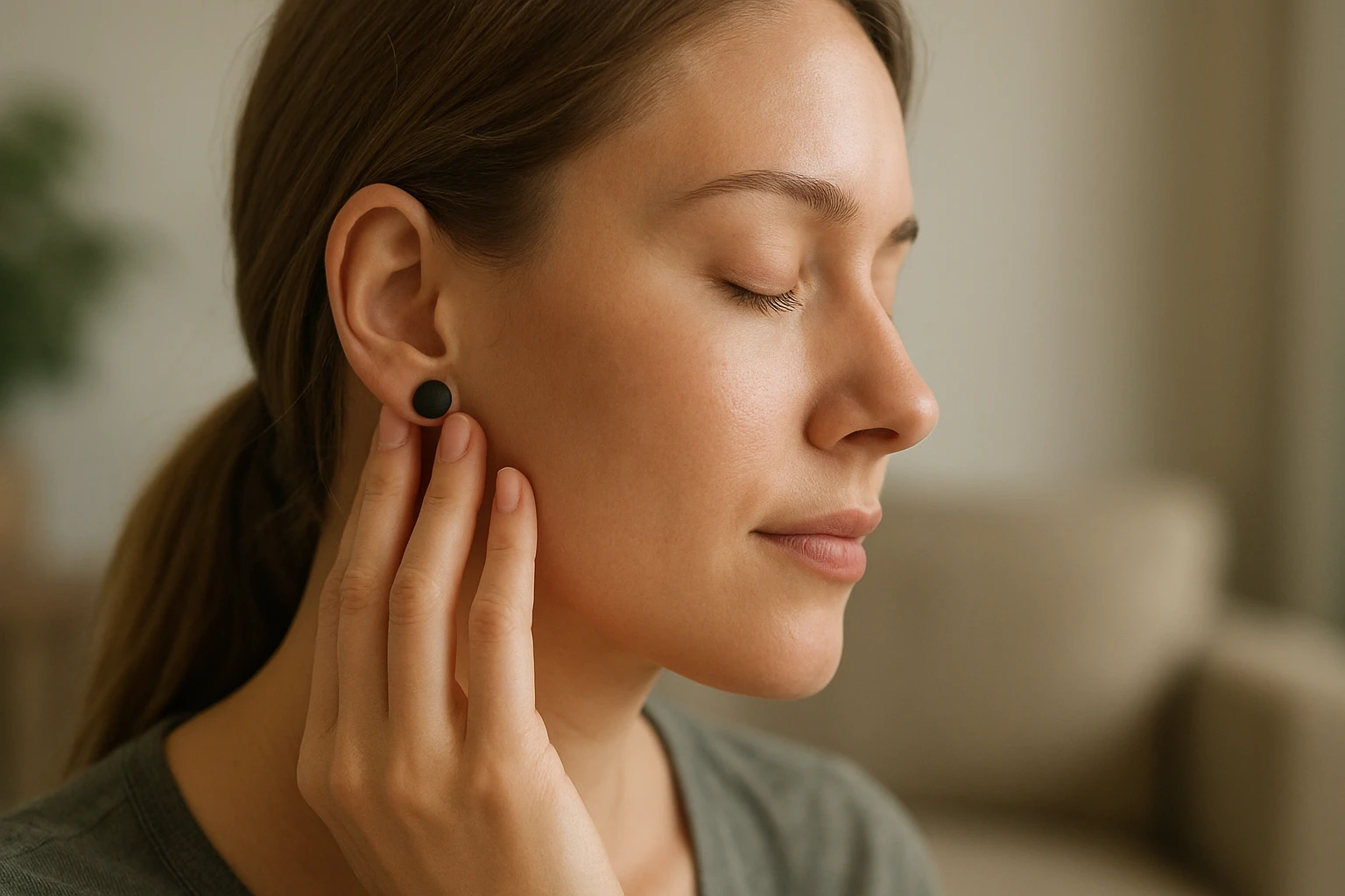 Mladá žena nosí magnetické náušnice a zdravo sa usmieva.