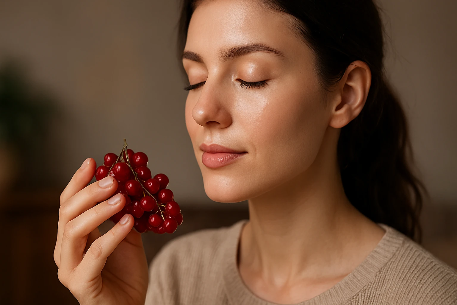 Žena drží ríbezle a užíva si ich vôňu pre zdravie a krásu.