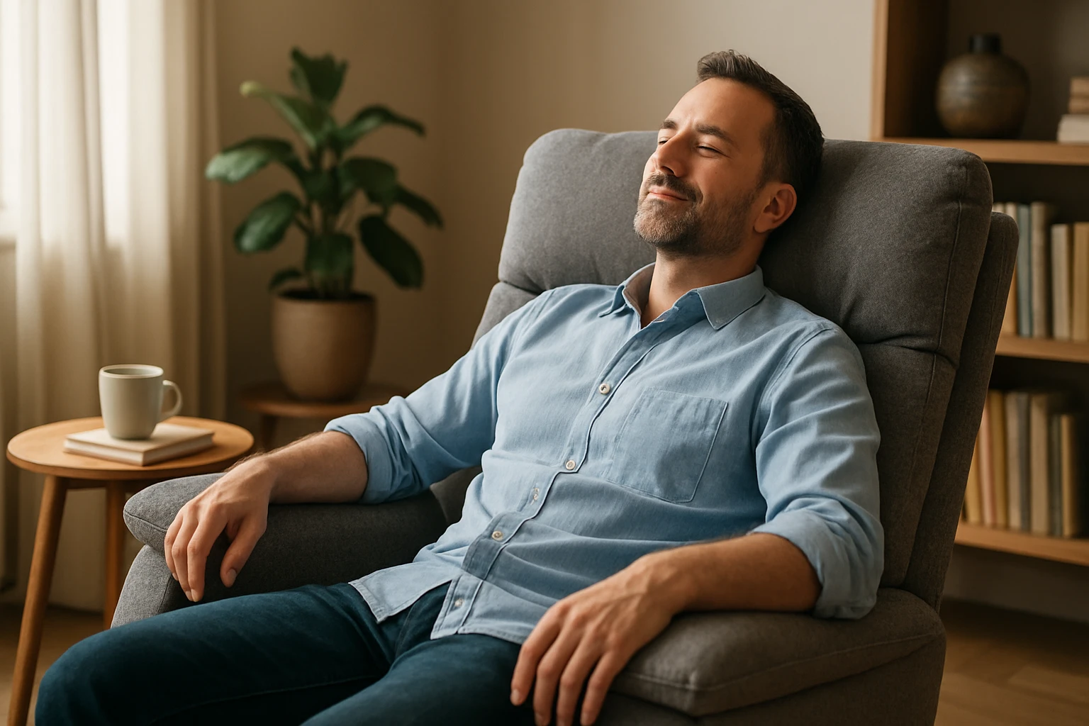 Muž relaxuje v pohodlnom kresle v útulnej miestnosti