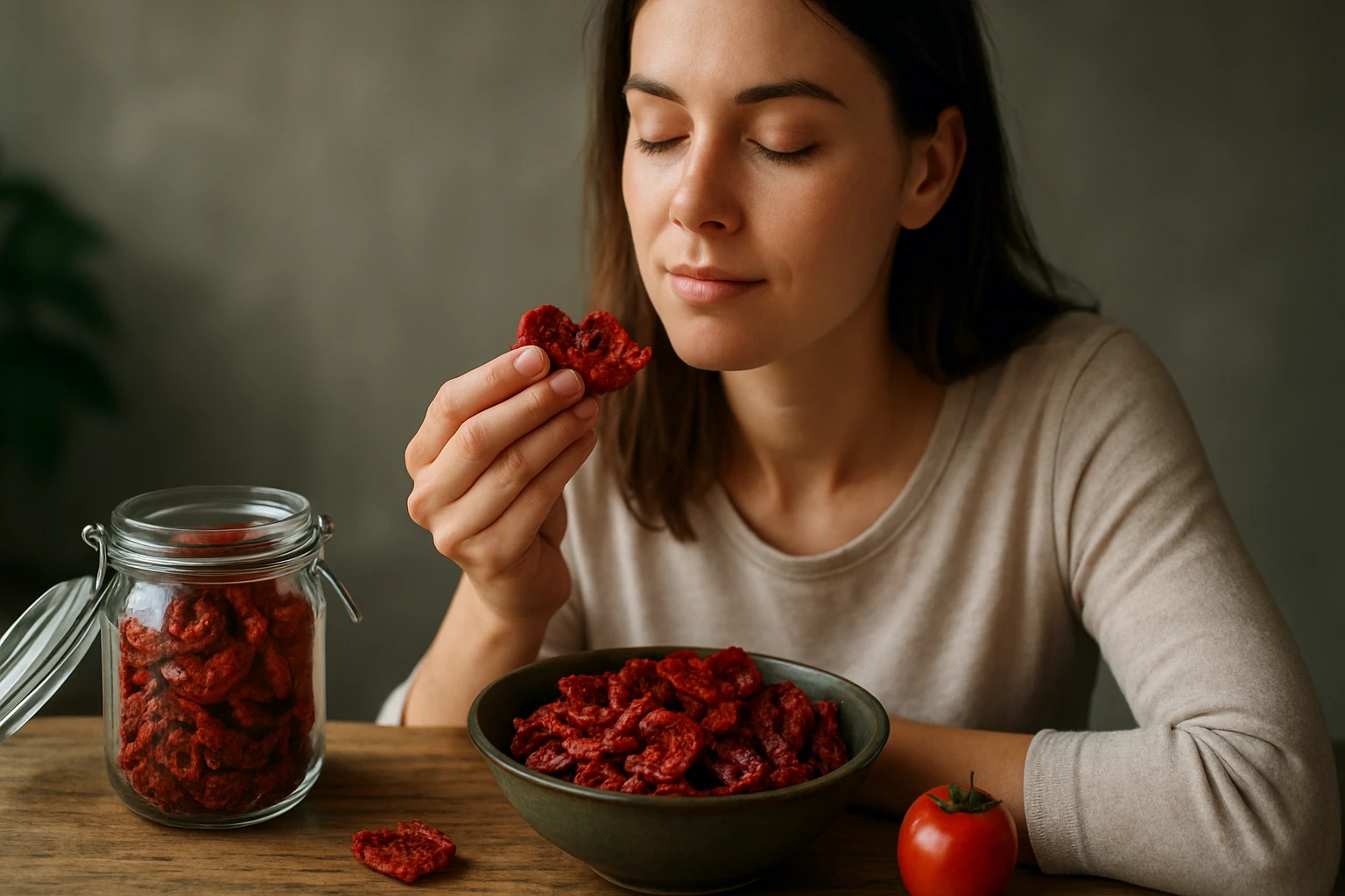 Žena vychutnáva sušené paradajky z misky a sklenenej nádoby.