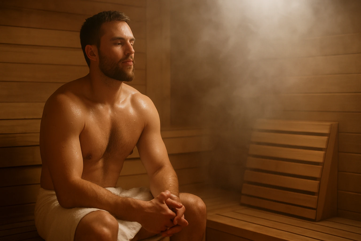 Muž v parnia saune užíva si relaxáciu a zdravotné výhody.