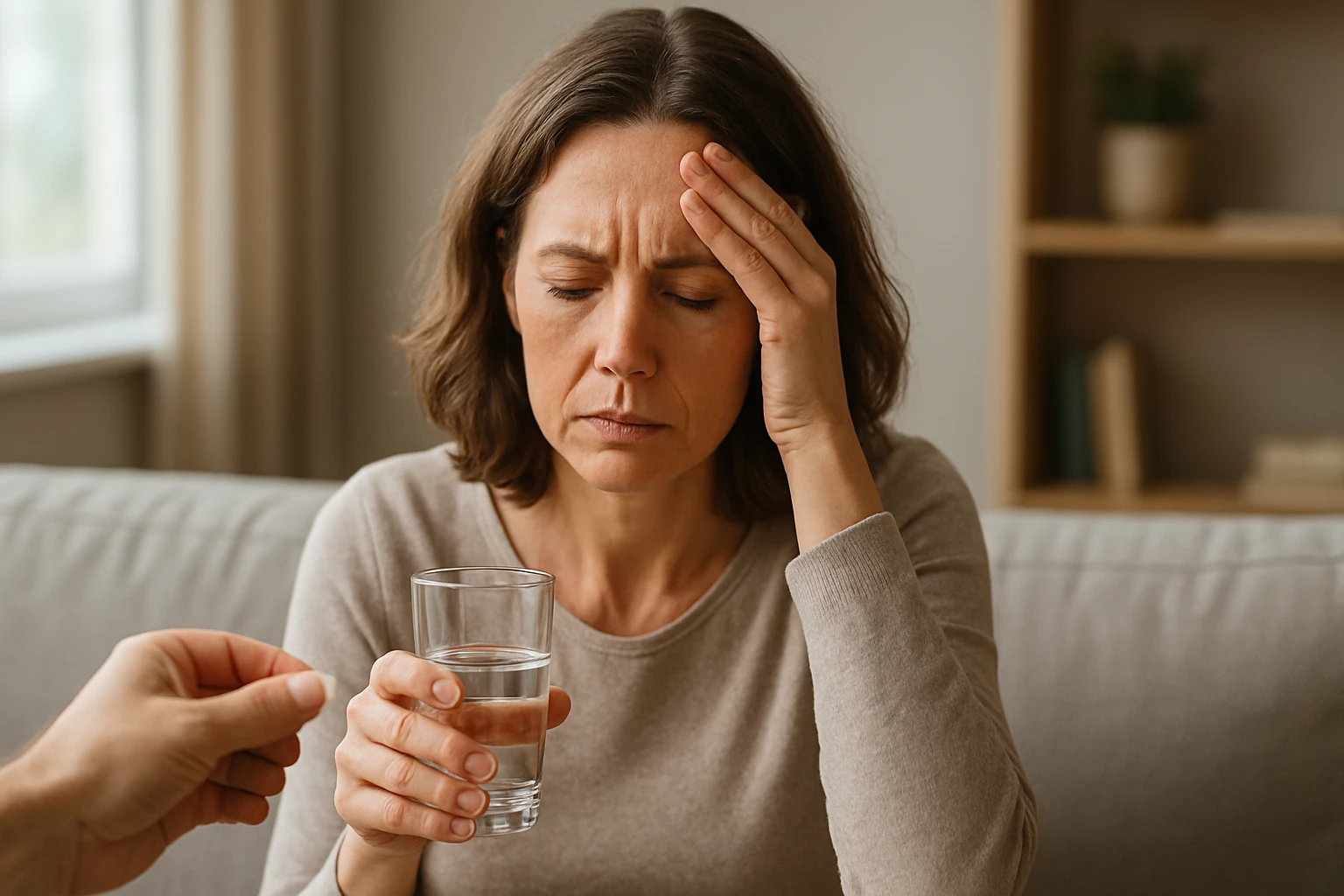 Žena trpiaca bolesťami hlavy s pohárom vody v ruke