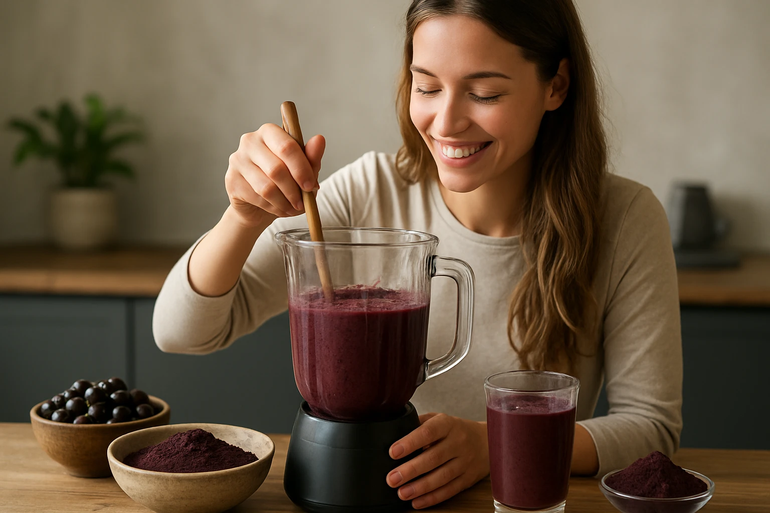 Žena mieša smoothie z acai práškom v kuchyni
